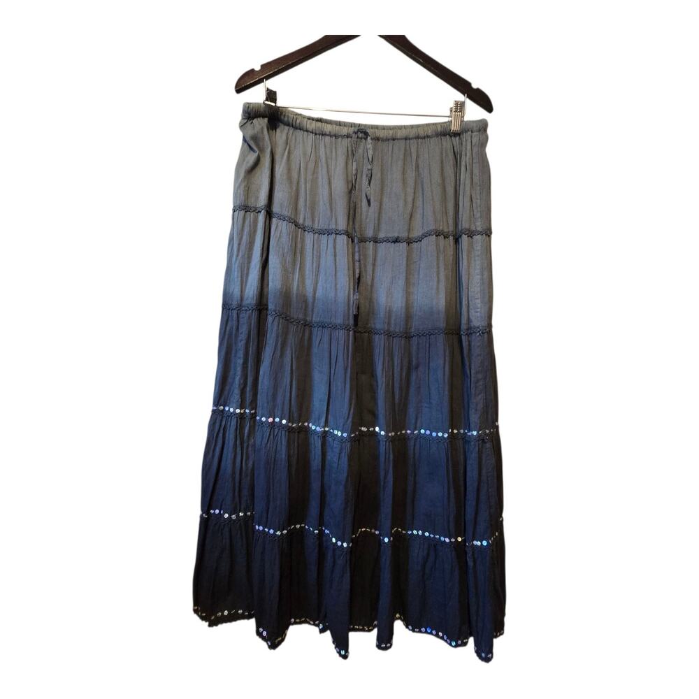 Vintage 90s Cosmo Tiered Maxi Skirt Womens L/XL Blue Gray Sequins‎ Boho Fairy